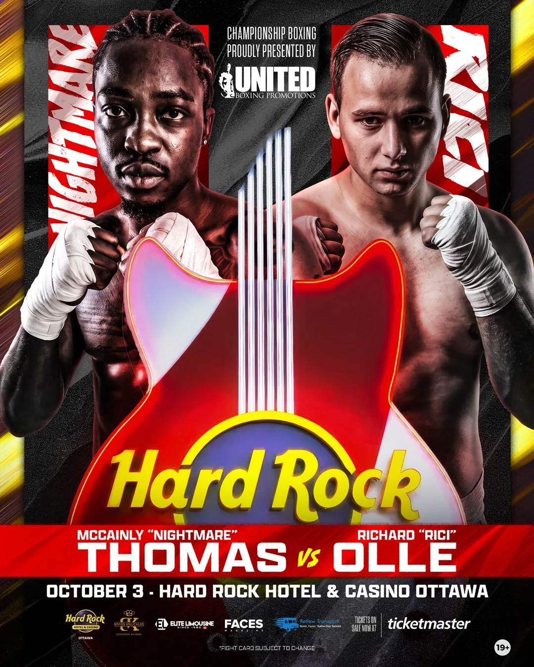 Fight poster: Championship Boxing presented by United Boxing Promotions — Mccainly "Nightmare" Thomas versus Richard "Rici" Olle, Friday, October 3 at the Hard Rock Hotel & Casino, Ottawa, ON.